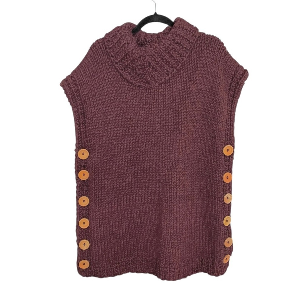 HAND KNIT Chunky Knit Wool Poncho Turtleneck Cowl Neck Sweater Burgundy
